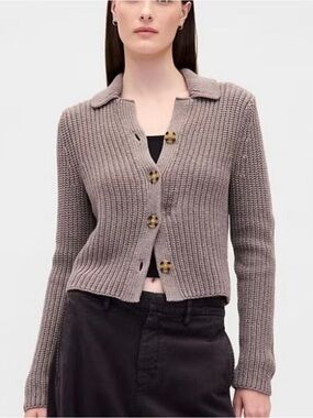 NWT GAP 100% Cotton Collared Crop Cardigan Sweater in toasted almond brown